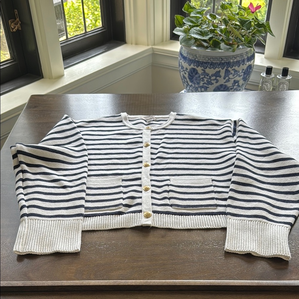 J. Crew Natural and Navy New Relaxed Emilie sweater lady jacket in stripe Sz. L
